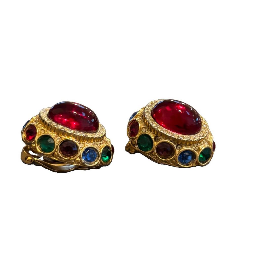 Vintage Sphinx Red Cabochon Multicolor Rhinestone Gold Clip Earrings*